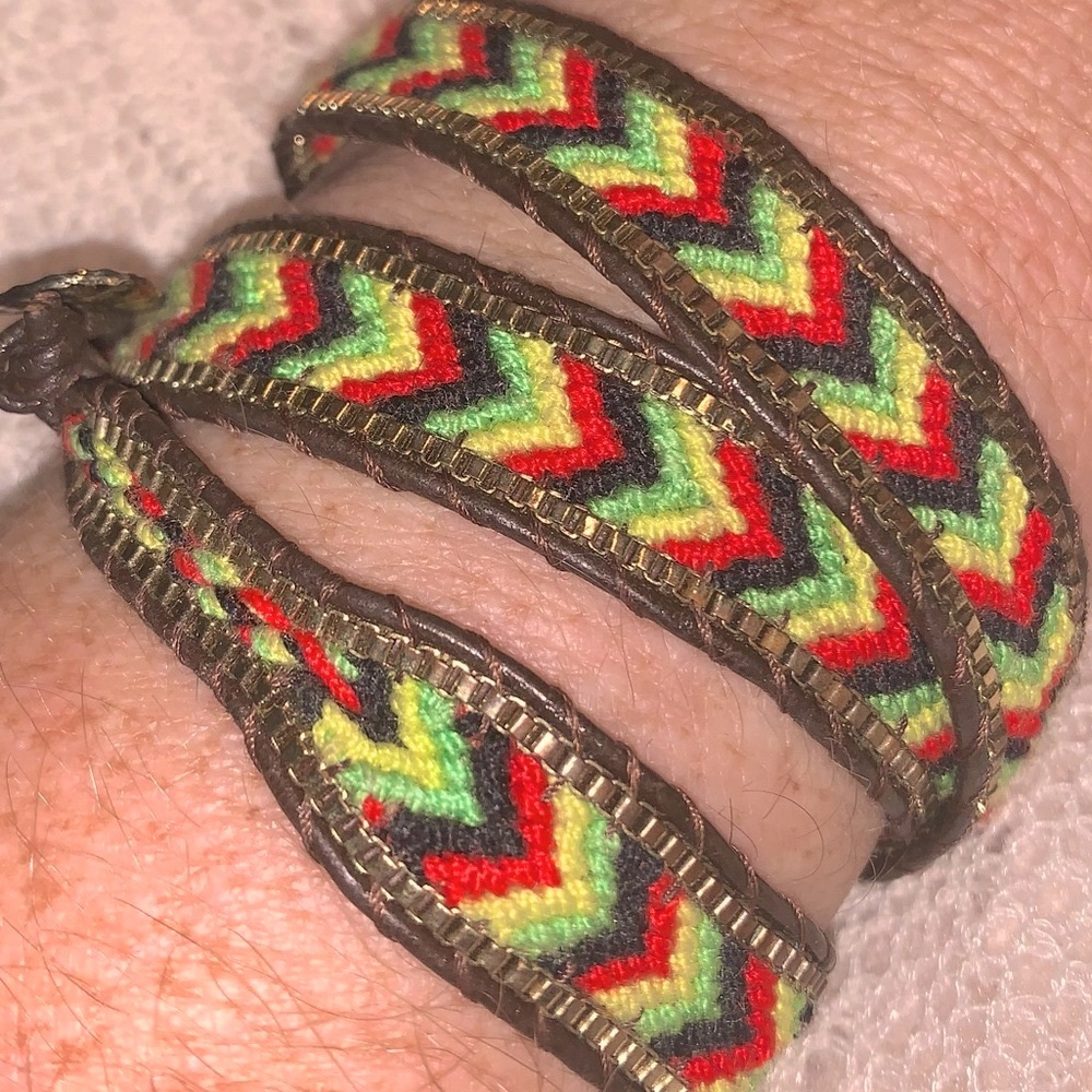 21” Reggae/Jamaican Colors: Wrap Bracelet-Red,Green&Yellow w/Gold accent beads